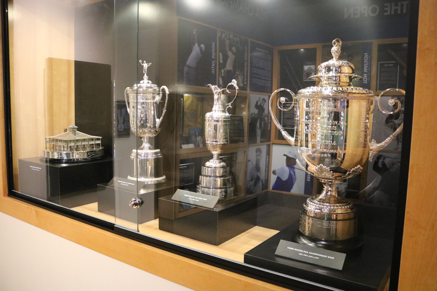 Tiger Woods has won 15 career majors, including the career grand slam. Trophies from his victories in the Masters, U.S. Open, British Open and PGA Championship are all on display.